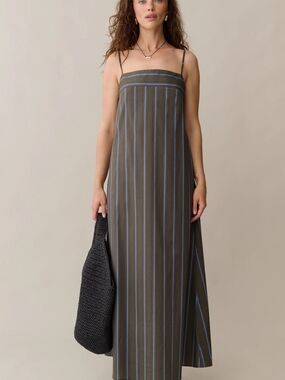 Olive Stripe Maxi Slip Dress with Thin Straps